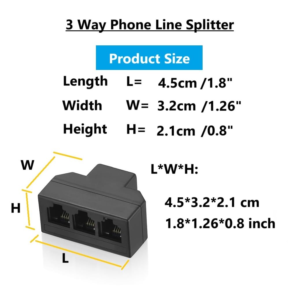 Cavo RJ11 a 3 vie, splitter telefonico a 3 vie, nero, splitter 6P4C, adattatore per linea telefonica con cavo per cavo telefonico fisso, adatto per telefono, fax