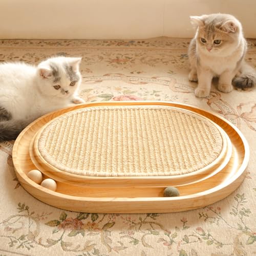 CheerPals Sisal Kratzbrett - 2-IN-1 Katzen Spielzeug, Massives Kiefernholz & Natürliche Sisal Pad & Katzenminzekugeln - 43x33x3cm Kratzmatte für alle Katzen Spielen, Entspannen