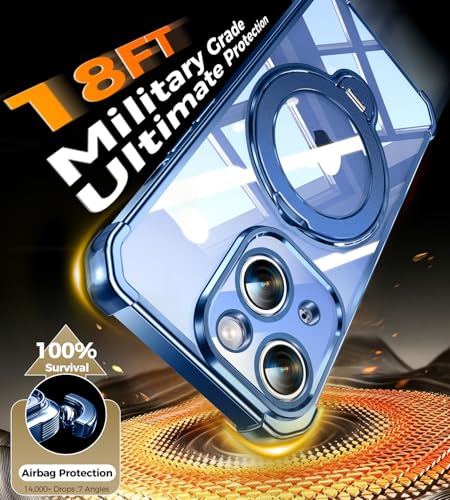 Image of Soft Case for iPhone 15 with 360 Rotating Magnetic Stand, Compatible with Mag-Safe, 4X MIL-Drop Protection, Lightweight Glossy Anti-Yellowing Clear Back Phone Cover for iPhone 15 6.1 inch, Blue
