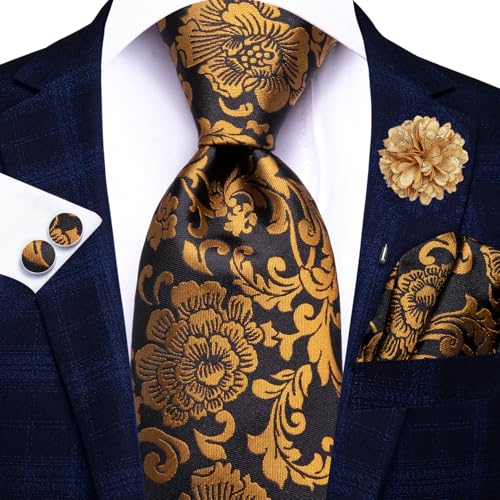 Image of Hi-Tie Black Gold Silk Ties for Men Floral Jacquard Necktie Lapel Pin Pocket Square Cufflinks Sets Formal Business Wedding