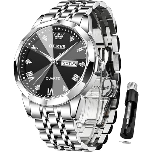 Image of OLEVS Watch for Men Diamond Business Dress Analog Quartz Stainless Steel Waterproof Luminous Date Two Tone Luxury Casual Wrist Watch Blue