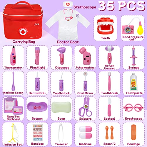 LOYO Toy Doctor Kit for Kids - 35 Pieces Doctor Pretend Play Equipment, Dentist Kit for Kids, Doctor Play Set with Gift Case Toys for 3 4 5 6 Year Old Girls Gift(Pink-Purple) - Thumbnail 6