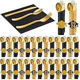 Kochorie 50 Pack Pre Rolled Gold Plastic Silverware Sets, Heavy Duty Disposable Cutlery with Black Gold Napkins, Forks Spoons Knives for Graduation Prom Congrats Grad Party Supplies, Serves 50 Guests