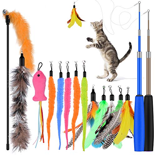 Qoosea Retractable Cat Wand Toy Set of 2 - Stimulating Feathers for Kitty Playtime