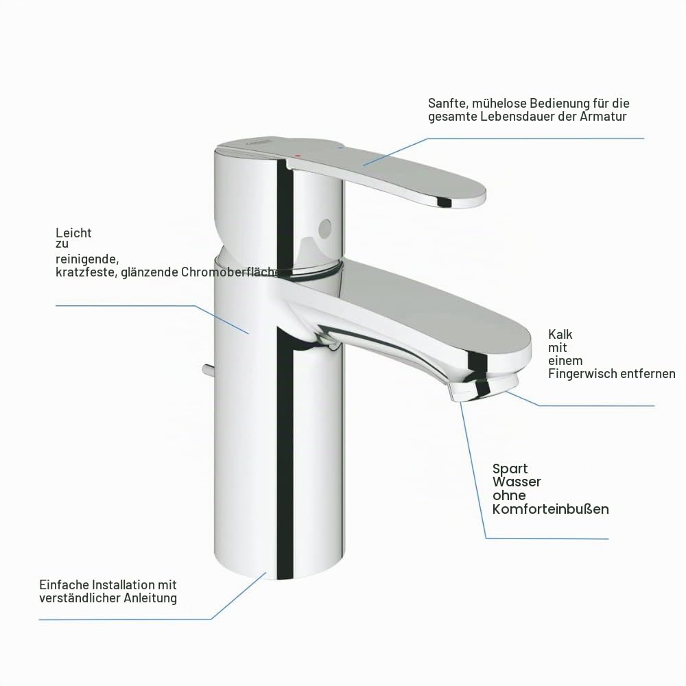 GROHE Wave Cosmopolitan, Waschtischarmatur (mit Zugstangen-Ablauf, Wasserhahn für das Bad, langlebige Oberfläche, einfache Installation), chrom, 23202000