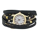 Charmingヴィンテージ織りラップレザーチェーンブレスレットWatch Womens Ladies カラー: ブラック