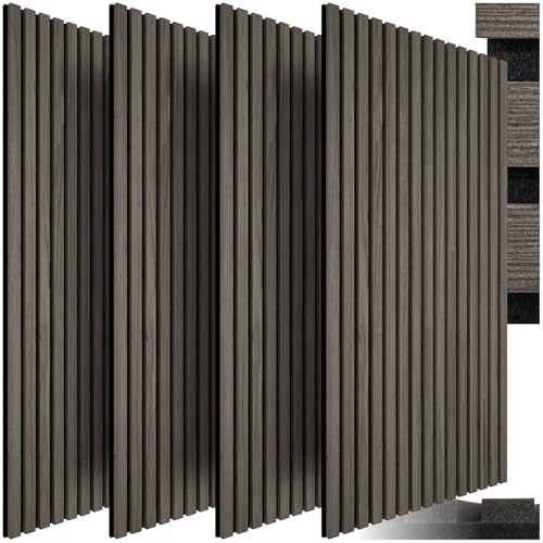 tectake® Paneles Acusticos Decorativos MDF, Chapa de Madera Real, Excelente Acústica, Tejido de Fieltro y Madera, Insonorización Acústica Pared - 4 Paneles Roble Gris 120 x 60 x 120 cm
