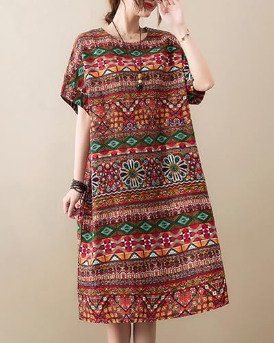 Image of LUZU JUNU Women's Summer Baggy Plus Size Loose Cotton Linen Long Boho Beach Dress with Pockets