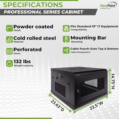 Image of NavePoint 6U Server Rack Enclosure - 23.6 inch Deep, Wall Mount Network Cabinet with Locking Perforated Door, 19 inch IT Equipment Compatible, Network Rack, Removable Side Panels, Black
