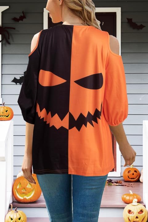 Miniatura 4 de Camisa de calabaza de Halloween para mujer, con cara de farol, media cremallera, camiseta con estampado de calabaza de otoño