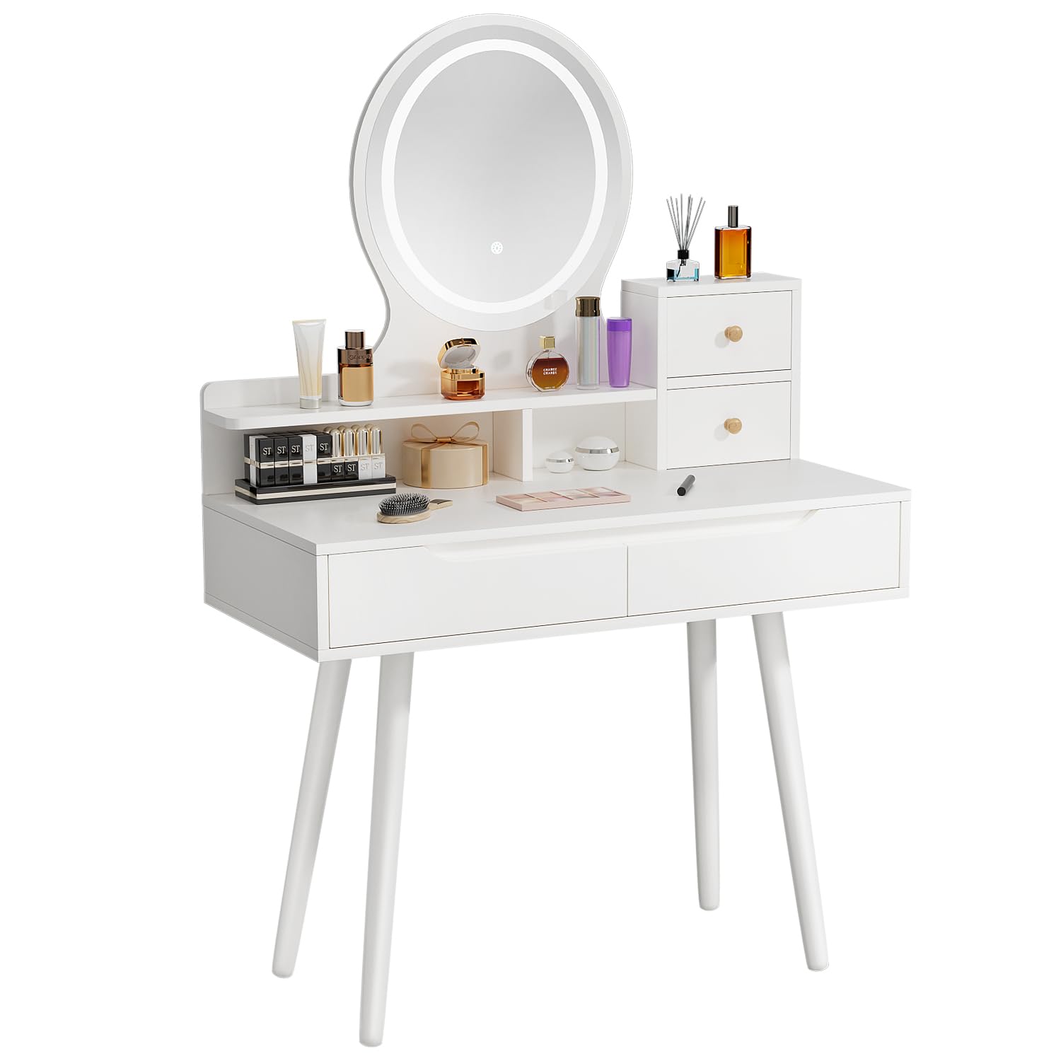 ZenkiHome Dressing Table, Small Vanity Desk with Two Drawers and Steel Legs, White