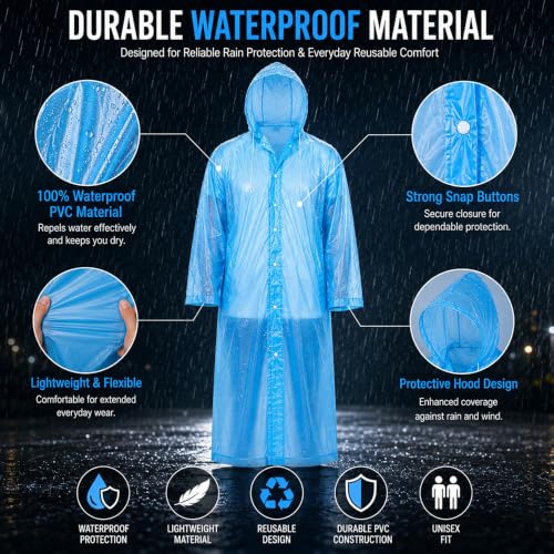Image of OTOROYS Waterproof Long Rain Coat with Hood for Men, Women, Boys & Girls | Universal Full Length Reusable PVC Raincoat | Lightweight Portable Rain Ware for Bike Riding, Travel & Outdoor, Blue