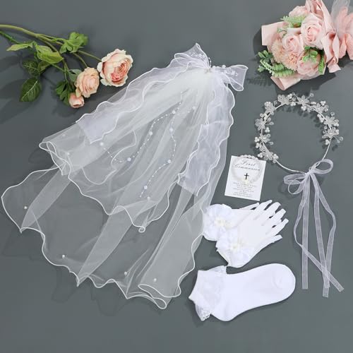 First Communion Veils Set 1st Communion Wreath Veil Pearl Bracelet Gloves Sock Accessories2