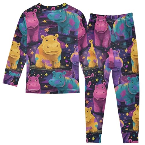 Pajama Sets Long Sleeve Colorful Hippo Pattern Artwork Soft Comfy Sleepwear 2 Piece PJS 3-8T3