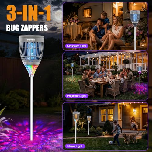 Image of Rossetta Solar Bug Zapper Outdoor, Fly Zapper with Flame & Projector Light | 4200V Shock Grid, Solar & USB Charging, IPX5 Waterproof, Auto Mode, Cordless Electric Mosquito Killer for Patio, Garden