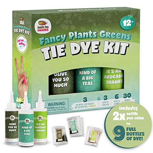 Teal & Green Tie Dye Colors in Fancy Plants Greens Tie Dye Kit (Tye Dye Kit). Custom Clothing Dye with 6 Refills for Multiple Projects, Soda Ash, Ties, Free Tie Dye Guide DIY Tye Dye Fashion