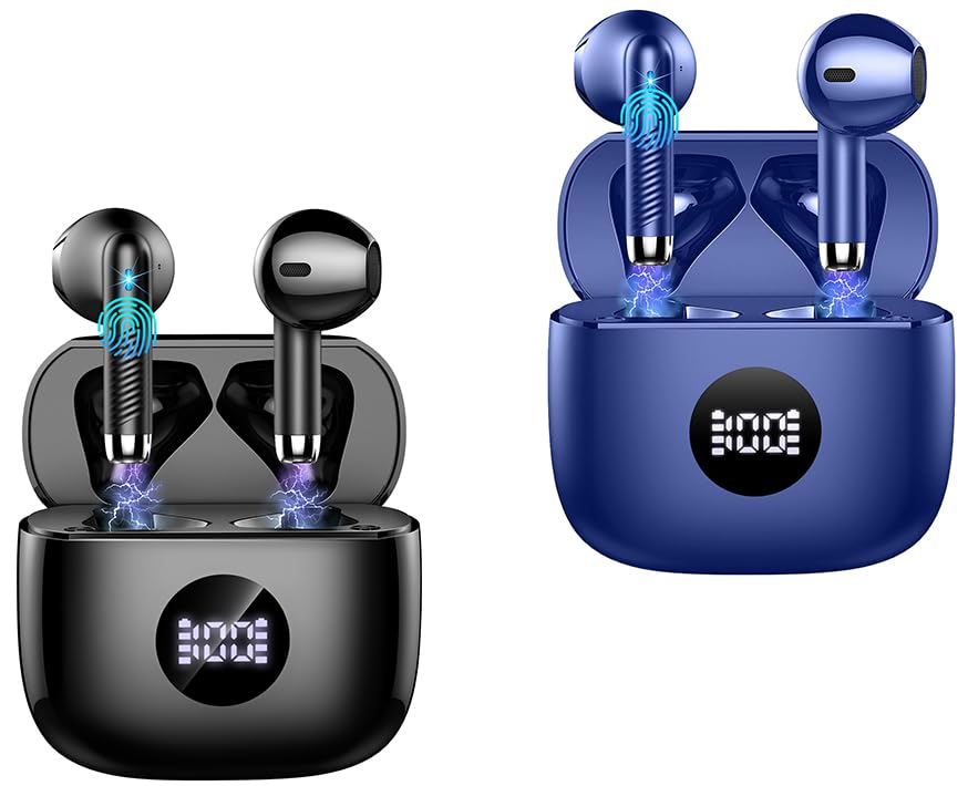 Jxrev J53 2 Pack Black and Dark Blue Wireless Earbuds, Bluetooth Ear Buds LED Power Display Headphones Bass Stereo, Earbuds in-Ear Noise Cancelling Mic, 40H Playback Mini Case - image 1