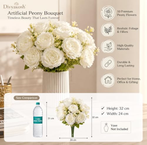 Image of Divyakosh Artificial Flower for Vase (10 Peony Flora), Artificial Flowers Bunch (Vase Not Included), Luxury Floral Centerpiece for Living Room Dining Table Office Decor
