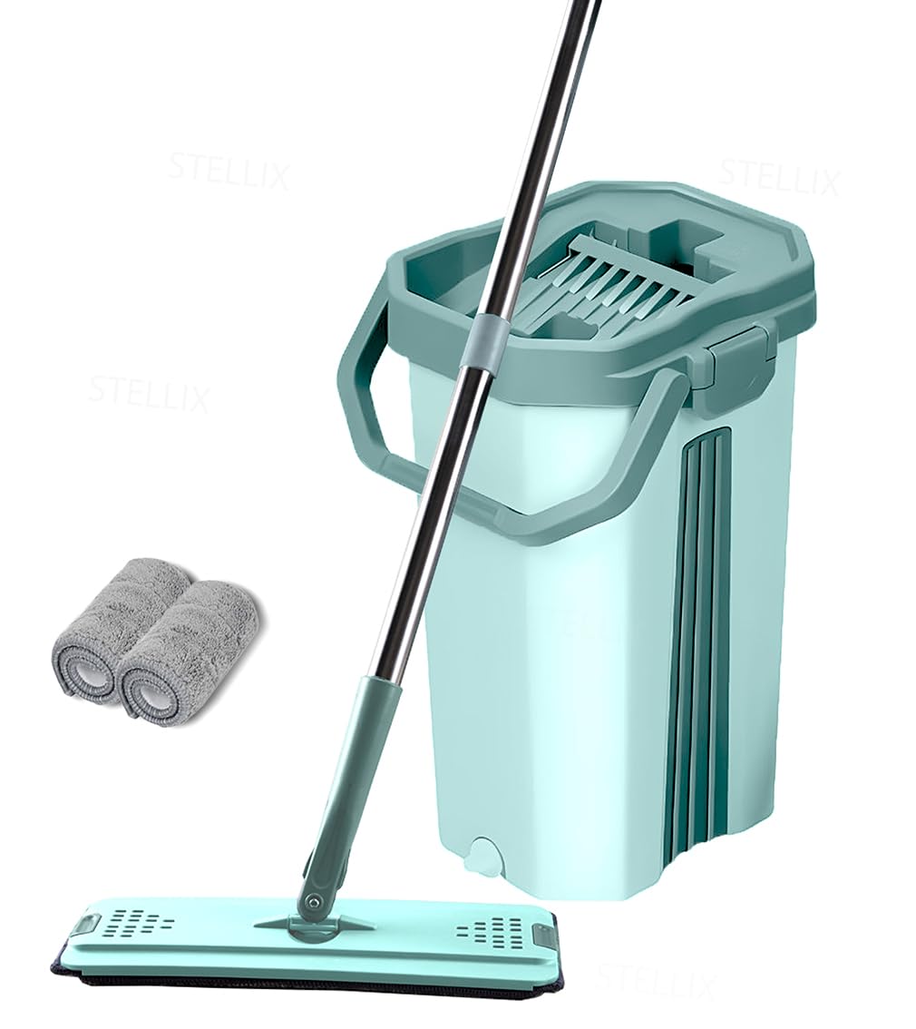 STELLIX Moppers for Cleaning Floor| Mop Bucket for Home & Kitchen| Flat Mop with Telescopic Mopping Stick| Floor Cleaners Pocha Mob for Wet & Dry Cleaning Supplies with 2 Microfiber Pad| Large Green