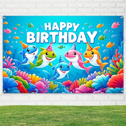 Image of HOMETITUTE Happy Birthday Banner Under The Sea Backdrop 96x72 Inch Ocean Theme Party Decrations Background Decoration with Sharks for Kids Photo Booth Celebration for Girls or Boys