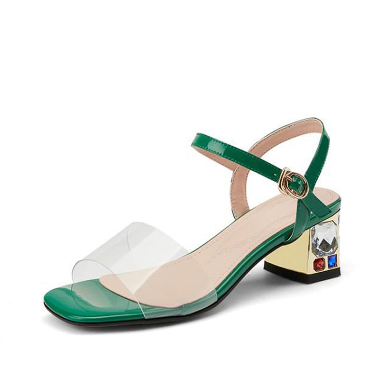 Mujer Tacones Altos con Punta Cuadrada Sandalias Huecas Sandalias con Tacones Gruesos Correa con Hebilla de una línea Charol PVC Tacones Gruesos Pedrería Altura del tacón 8 CM