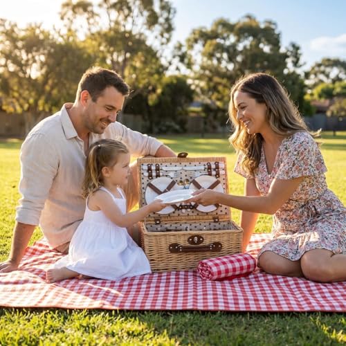 Image of Multifunctional Wicker Picnic Basket Set for 4 Blanket Family Folding Wine Table,Insulated Portable Extra Big Storage Capacity Woven Rattan Canasta De Full Tablewares Camping Outdoor Flowers Star