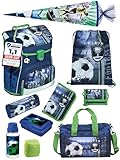 Familando Jungen Schulranzen 1. Klasse · Scooli Campus Fit Schultasche · ergonomisch & leicht · Schulranzen Set für Jungs und Mädchen (10-teiliges Set mit Schultüte, Fußball Blau)