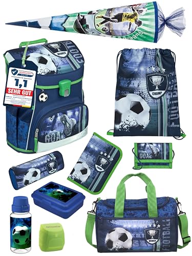Familando Jungen Schulranzen 1. Klasse · Scooli Campus Fit Schultasche · ergonomisch & leicht · Schulranzen Set für Jungs und Mädchen (10-teiliges Set mit Schultüte, Fußball Blau)