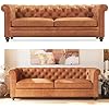 POLY & BARK Lyon 87.4 Leather Sofa in Cognac Tan Full-Grain Pure-Aniline Italian Leather, Deep Button Tufting, Rolled Arms and Espresso Wood Legs Chesterfield Style for Elegant Living Rooms