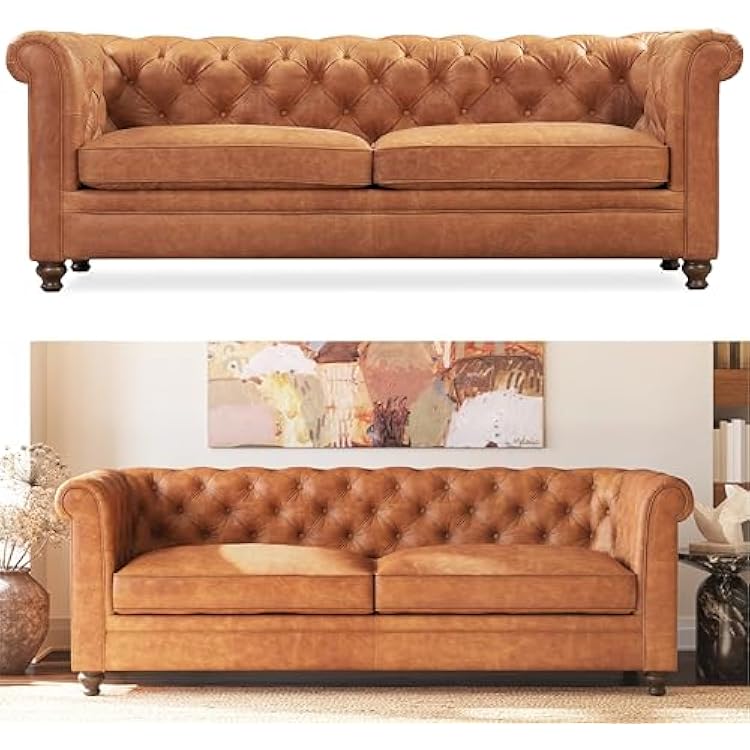 POLY & BARK Lyon 87.4 Leather Sofa in Cognac Tan Full-Grain Pure-Aniline Italian Leather, Deep Button Tufting, Rolled Arms and Espresso Wood Legs Chesterfield Style for Elegant Living Rooms
