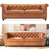 POLY & BARK Lyon 87.4” Leather Sofa in Cognac Tan – Full-Grain Pure-Aniline Italian Leather, Deep Button Tufting, Rolled Arms and Espresso Wood Legs – Chesterfield Style for Elegant Living Rooms