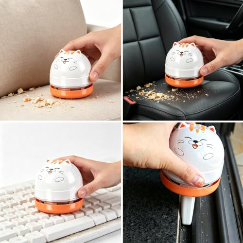 Image of Mini Desktop Vacuum Cleaner, Portable USB Vacuum Cleaner for Desk Mini Cute Cartoon Desktop Vacuum for Cleaning Eraser Crumbs, Dust, Crumbs, Piano, Hairs, Computer, Keyboard and Car (White Orange)