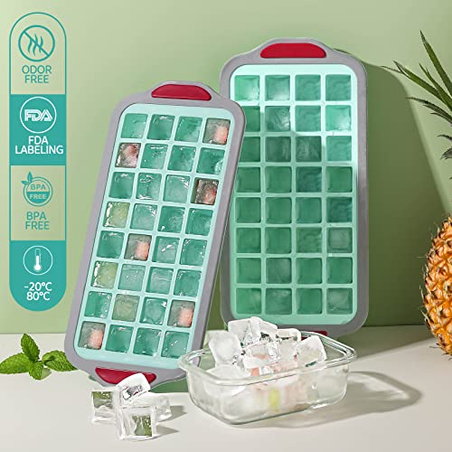 Jbyamus Ice Cube Trays With Lid, 2 Pack Ice Cube Trays For Freezer, Hard Frame Design Is Easy To Pick Up Without Deforming And Spilling, Soft Silicone Base, Easy To Release And Bpa Free. (Green) #TOP2