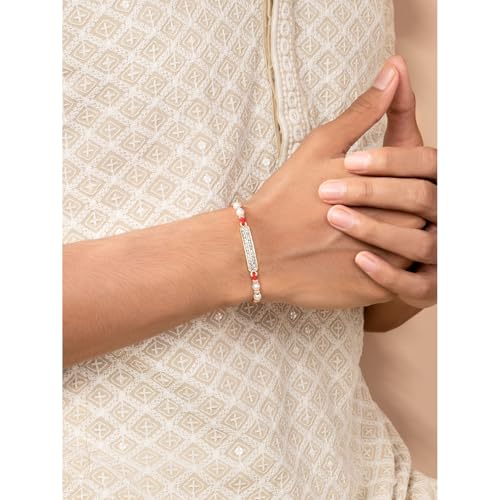 Image of Peora Om Shree Ram Swastik Rakhi for Brother Bhaiya | Crystal & Beads Studded | Red Thread | Raksha Bandhan Hamper with Roli Chawal Greeting Card