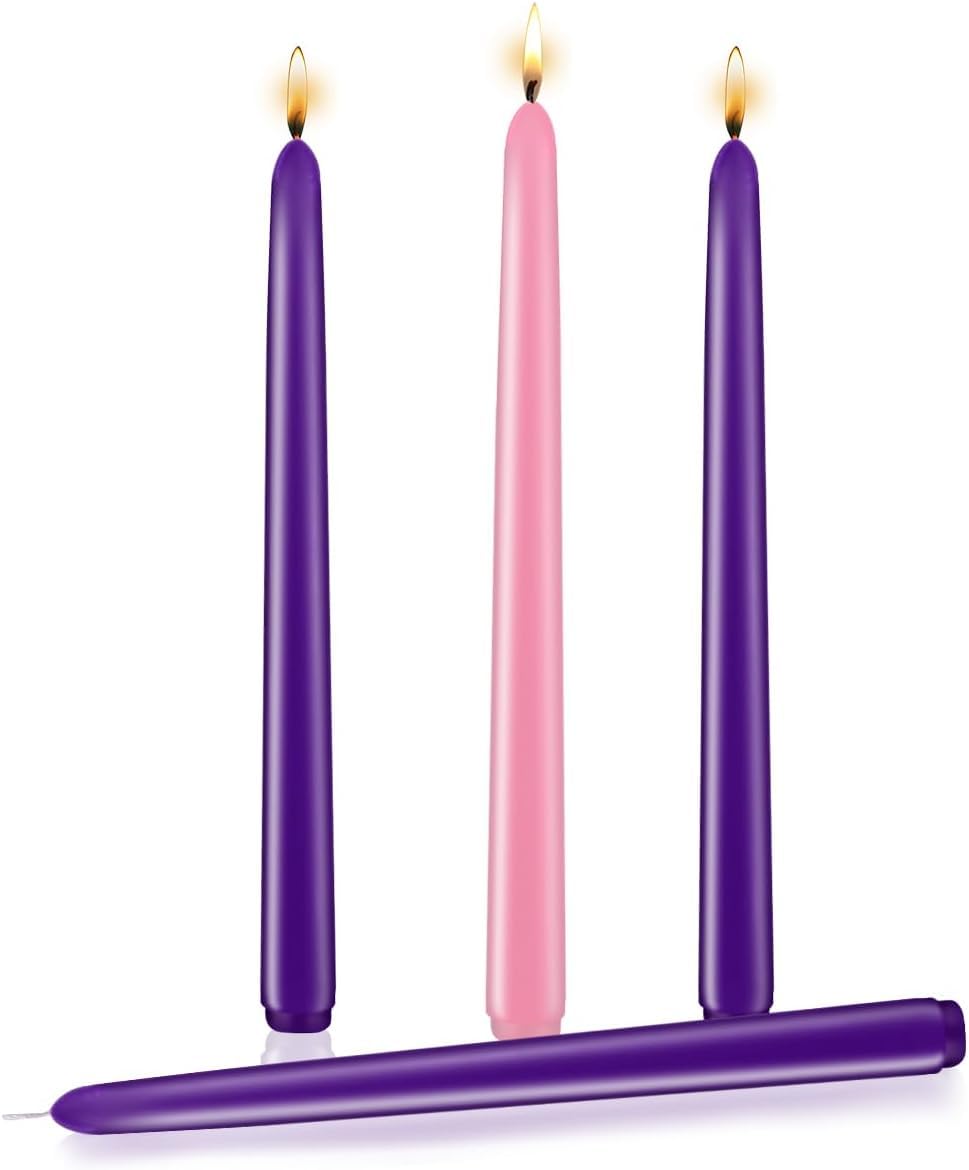Christmas Advent Taper Candles, Set of 4, Purple and Pink, Dripless Smokeless Candles, Unscented, for Candle Holders and Home Decor, Yoga, Meditation, Patio, Table Decoration