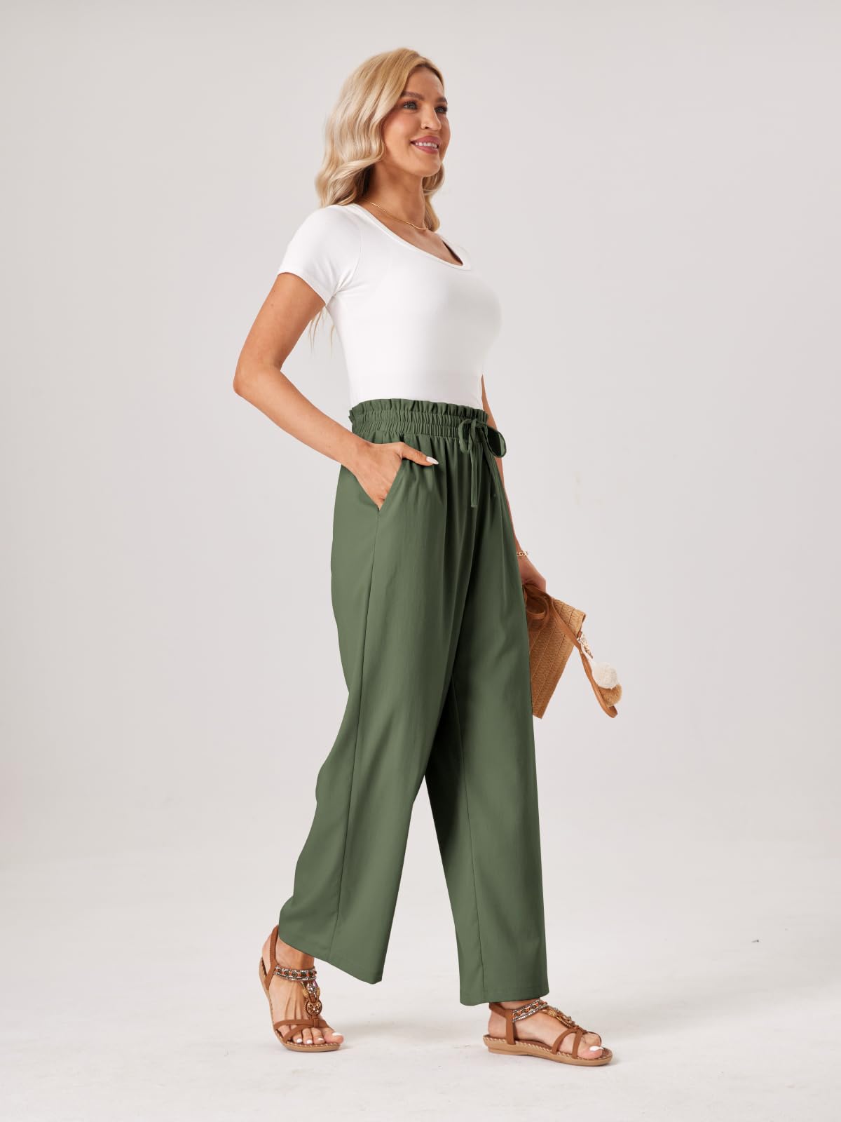Glacspyg Damen Hosen Casual Flowy Wide Leg Freizeithose High Waisted Kordelzug Palazzo Hosen mit Taschen