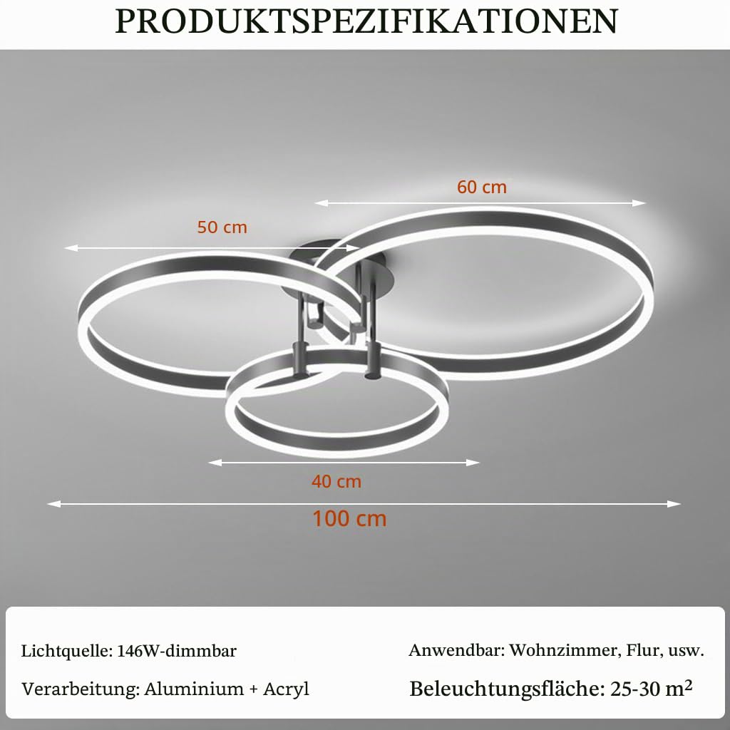 Moderne LED Deckenleuchte 117W dimmbare Deckenlampe mit Fernbedienung 3-Ring Einbau Deckenleuchten schwarzer Metall Kronleuchter Deckenlicht für Wohnzimmer Schlafzimmer Küche Beleuchtungskörpe