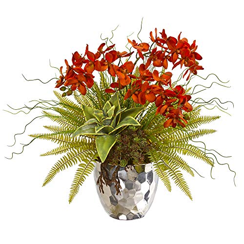 Nearly Natural Jarrón Artificial de Seda de orquídea Phalaenopsis, suculentas y helechos de 25 Pulgadas, Color Naranja