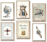 6Pcs Vintage Baby Boy Nursery Wall Art Blue Teddy Bear Airplane Travel Pictures Wall Decor Nursery...