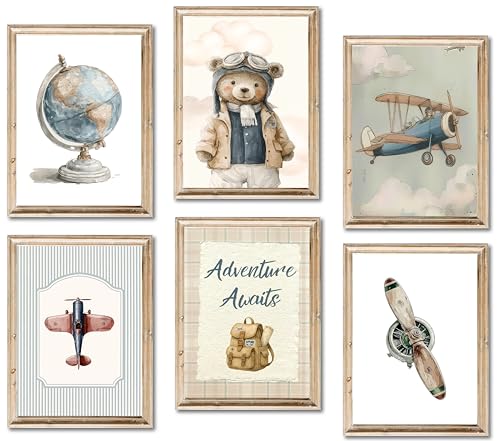 Image of 6Pcs Vintage Baby Boy Nursery Wall Art Blue Teddy Bear Airplane Travel Pictures Wall Decor Nursery Aviation Poster Prints for Bedroom Playroom Kids Room Home Decoration 8"x10" Unframed
