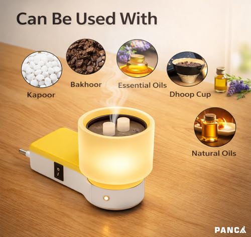Image of PANCA Electric Kapoor Dani with Night Lamp | Camphor Diffuser & Aroma Oil Burner for Home | Fragrance Lamp for Living Room, Puja & Bedroom | Incense Holder & Home Aroma Diffuser