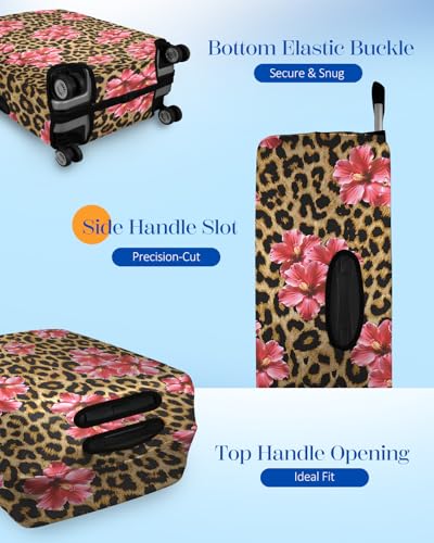 Slohif Luggage Cover for Suitcase Tsa Approved Protector - Brown Leopard Pink Flower Luggage Sleeve Large Suit Case Cover Travel Stretch Baggage Case Protective Washable Fit 29-30 Inch
