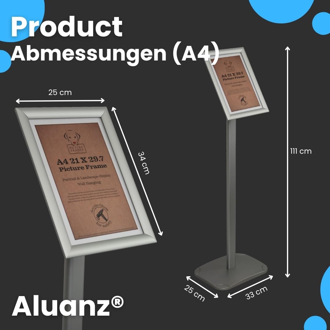 Infoständer, Silber, A4 | Informationsständer, Bodenständer aus Aluminium, Drehbarer Präsentationsständer, Posterständer, Plakatständer