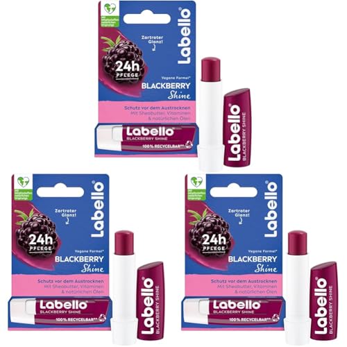 Labello Blackberry Shine Lippenpflegestift, Lippenpflege mit zartrotem Glanz für 24h Feuchtigkeit, pflegender Lippenbalsam mit Sheabutter und Brombeeraroma (4,8 g) (Packung mit 3)