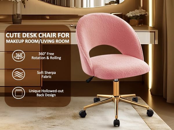 Miniatura 6 de Furniliving Silla de escritorio con ruedas, bonita silla de oficina con respaldo para niñas, silla de escritorio tapizada sin brazos con metal