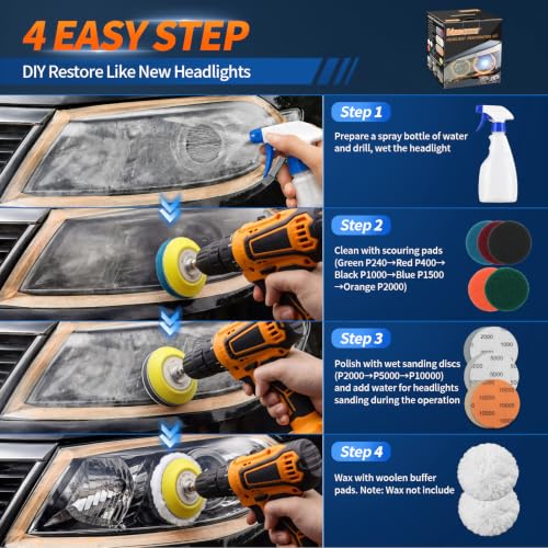 Image of 3 Inch Car Headlight Restoration Kit, Car Polishing Sanding Discs Assortment 2000 to 10000 Grit with 1 /4 Inch Shank Backing Pad, Scouring Pads, Soft Interface Pad, Woolen Buffer Pads, 39PCS