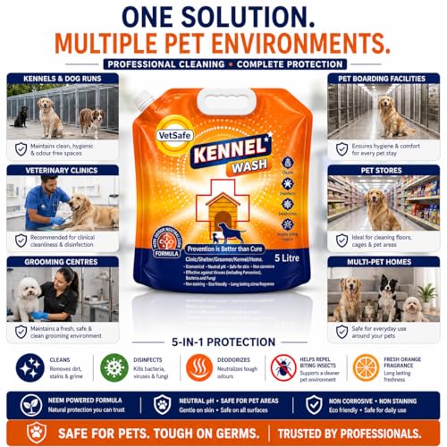 Image of VetSafe Kennel Wash 5 litre (5L) | Concentrated Kennel Cleaner & Pet Floor Cleaner | Odour Neutralizer & Pet Area Freshener | Safe for Dogs & Cats | Kennel, Cage, Floor & Pet Area Sanitizer