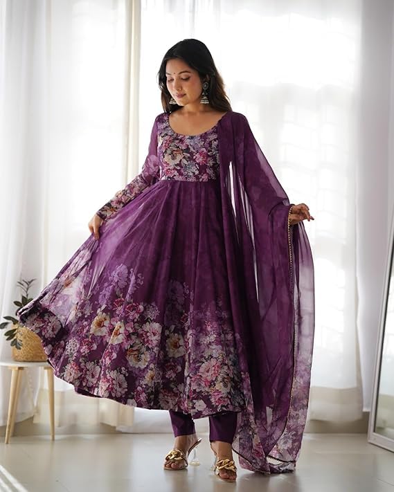 Image of KD Women's Floral Printed Georgette Anarkali Kurta Set With Dupatta, Traditional Salwar Suit, Long Sleeve Ethnic Dress
