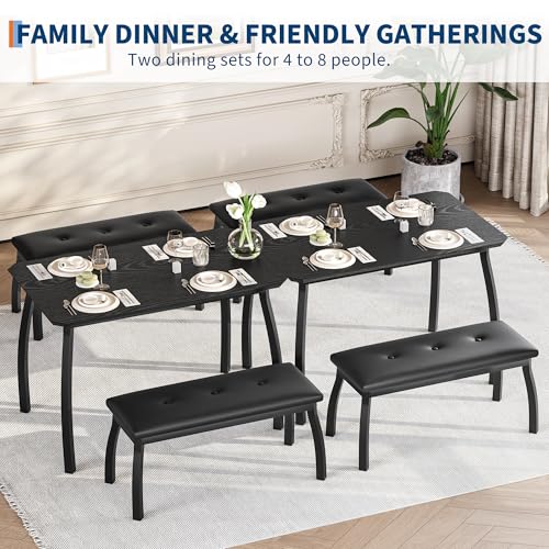 GAOMON Dining Table Set for 4, Metal Frame Kitchen Table Set with 2 Upholstered Bench, 3 Piece Dining Room Table Furniture for Apartment, Studio, Home, Easy Assembly, Black