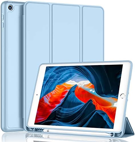 iMieet iPad 9th Generation Case 2021/iPad 8th Generation Case 2020 10.2 Inch with Pencil Holder, iPad 7th Gen 2019 Case with Soft Baby Skin Silicone Back, Auto Wake/Sleep Cover (Sky Blue)